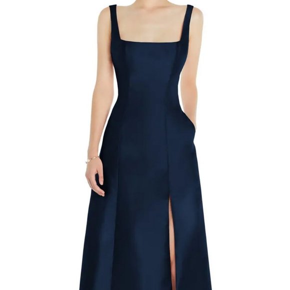 Alfred Sung D826 Midnight Blue Square Neck Satin A-Line Gown - Picture 1 of 6